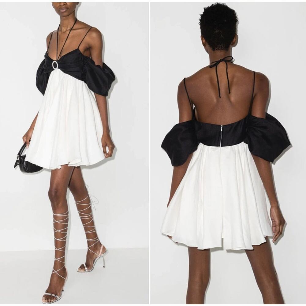 NWT Rasario Linen Off Shoulder Mini Dress, Black/White/Crystal, FR36/US4